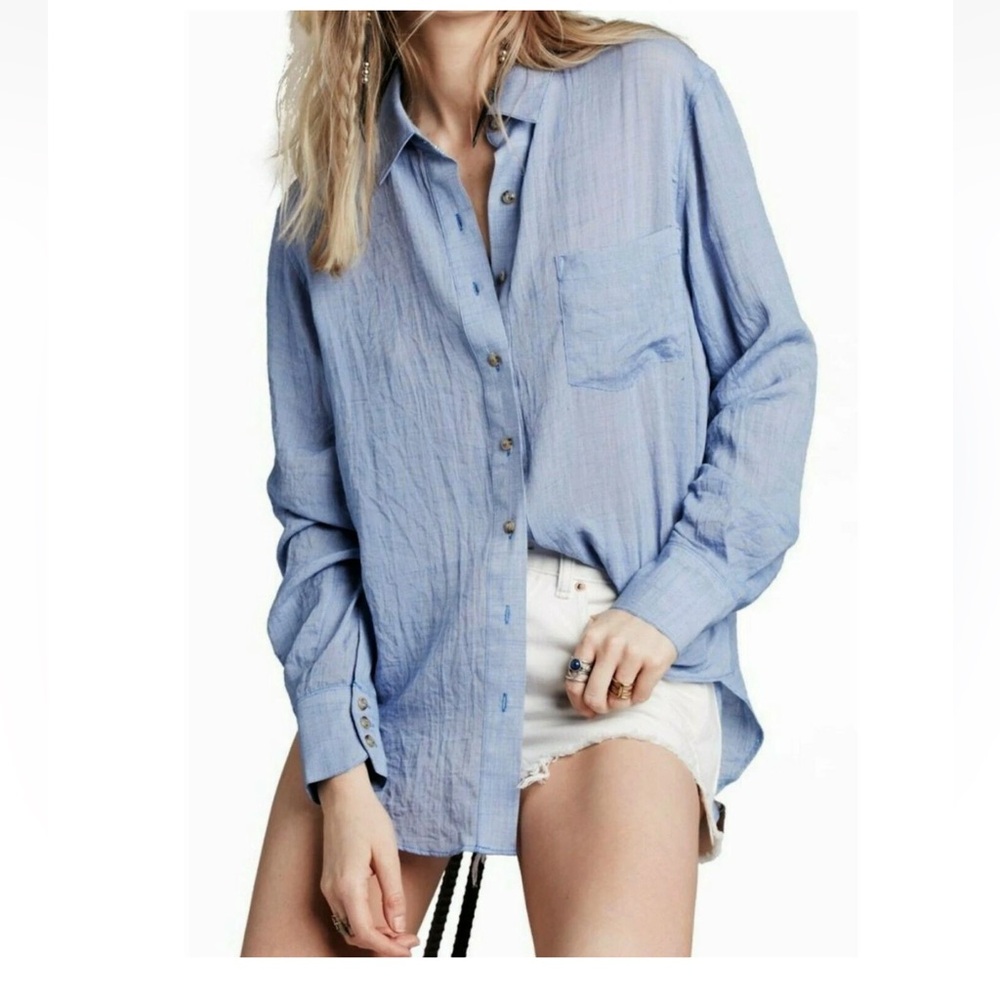 Free People Thats a Wrap Shirt Chambray Combo Blue XS